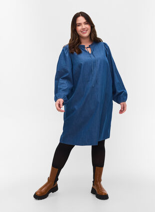 Denimklänning i bomull med knytband, Blue denim, Model image number 2