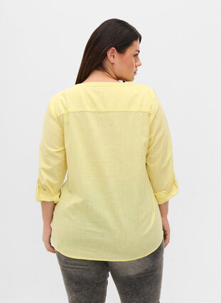 Skjortblus i bomull med v-ringad hals, Yellow, Model image number 1