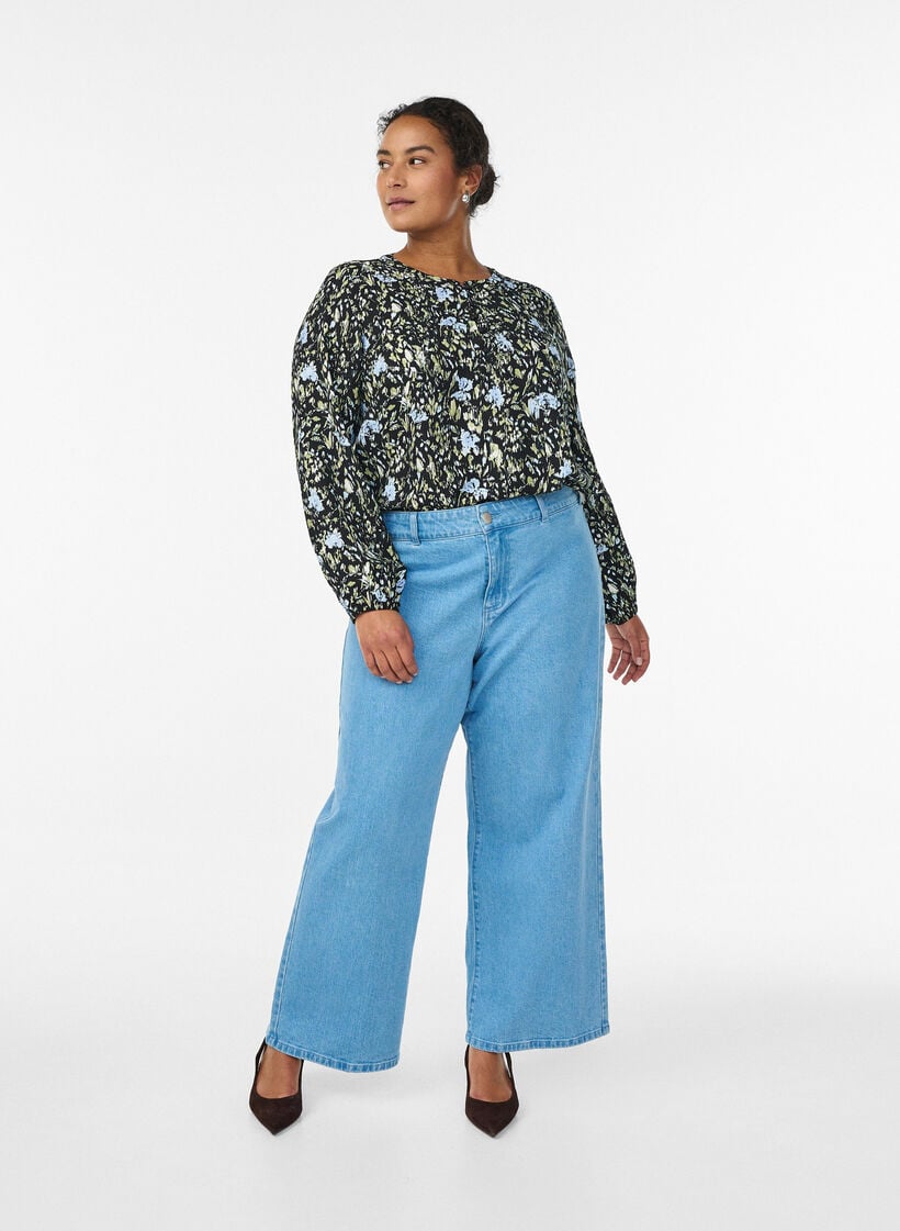 L&aring;ng&auml;rmad blus med m&ouml;nster och knappar, Svart, Model image number 1