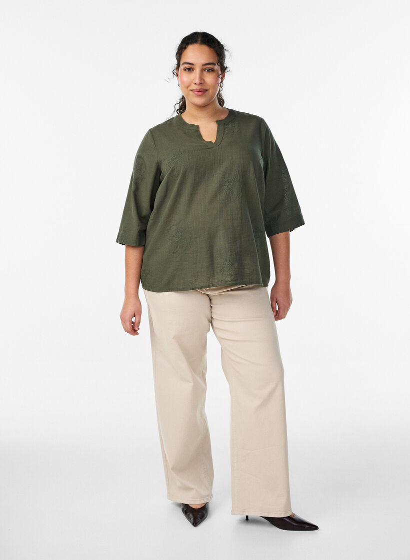 Blus i bomull med broderade detaljer och 3/4-&auml;rmar, Gr&ouml;n, Model image number 1