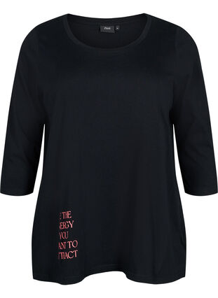 T-shirt i bomull med 3/4-ärmar, Black, Packshot image number 0