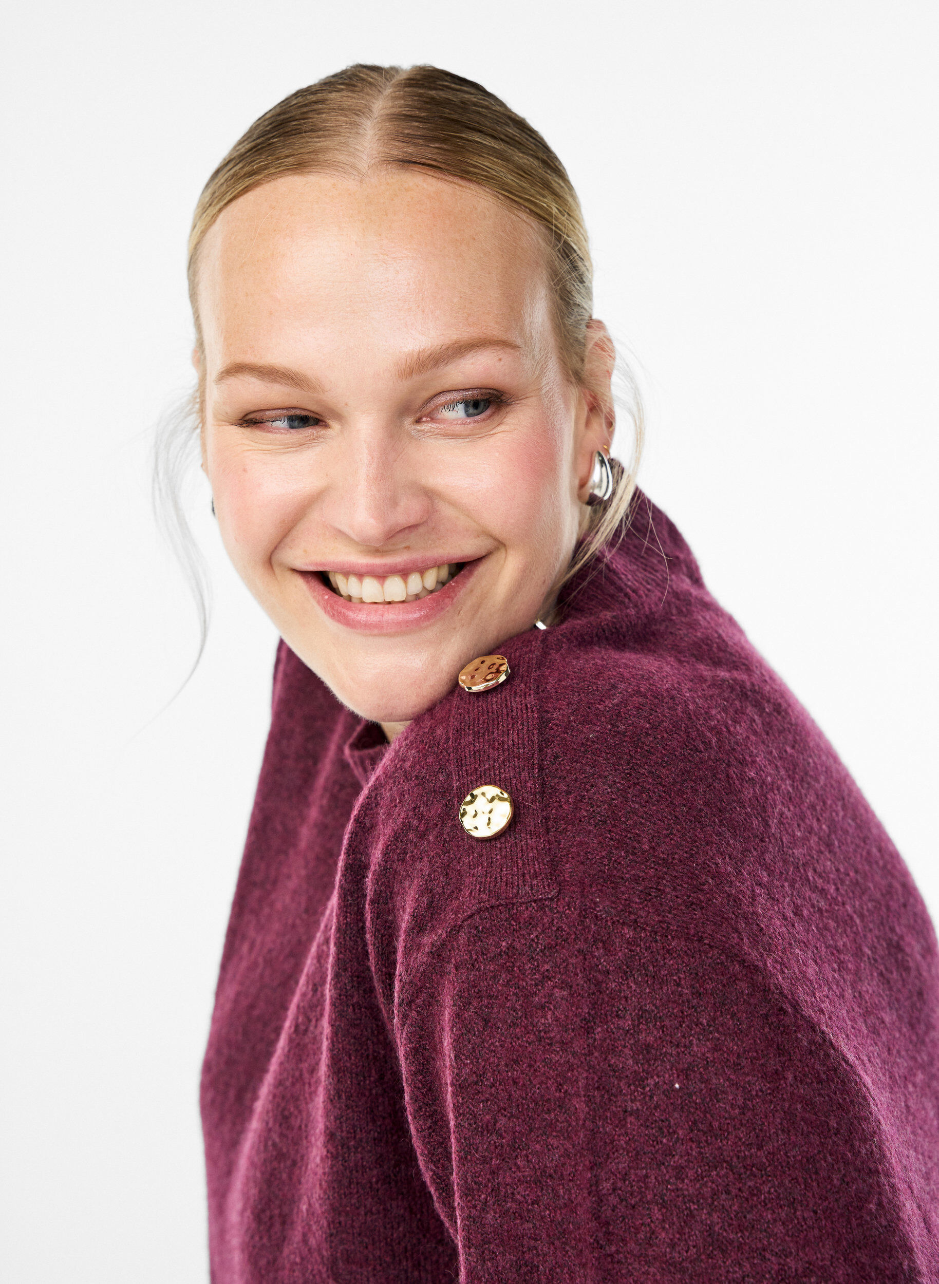 ZizziStickad blus med knappdetalj, M&ouml;rk Bordeaux, Model image number 3