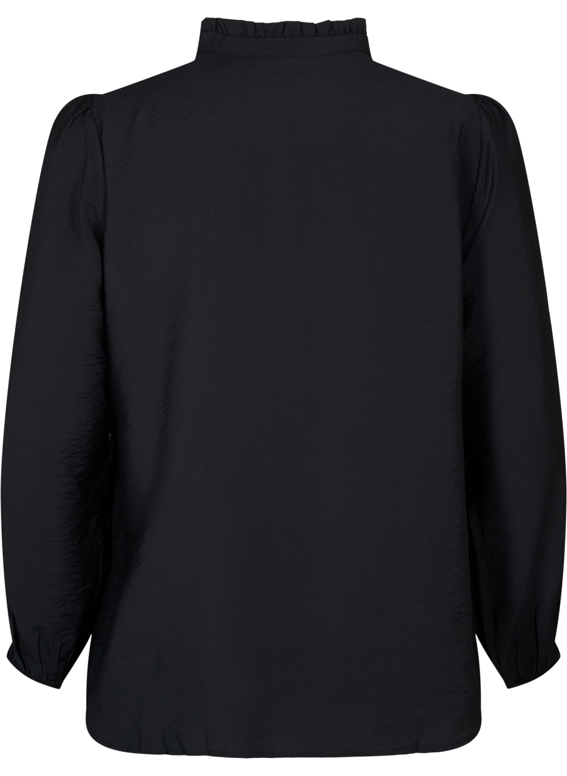 Zizzi Skjortblus i viskos med volangkrage, Black, Packshot image number 1