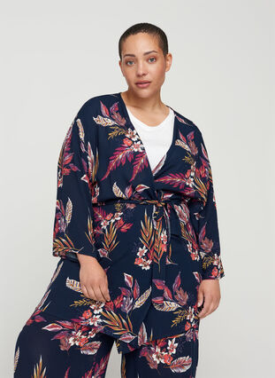 Blommig kimono i viskos med knytband, Indian Summer Flower, Model image number 0