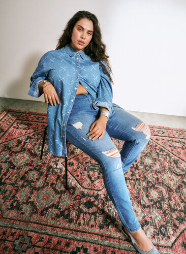 Amy jeans med supersmal passform och rippade detaljer, Blue denim, Image image number 0