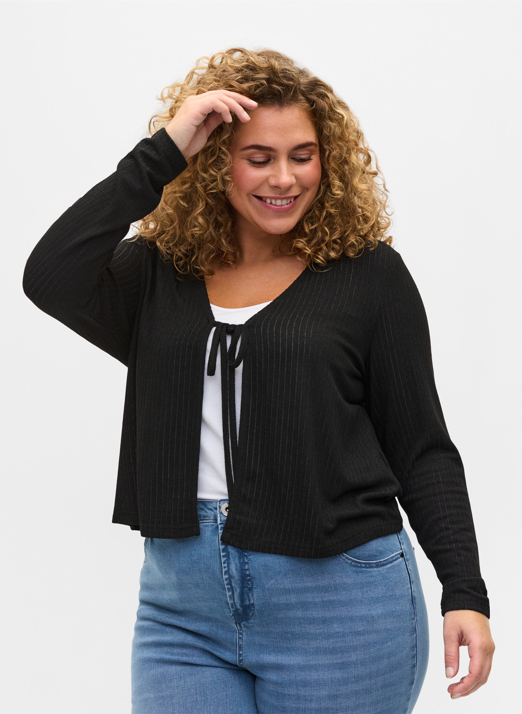 Zizzi Ribbstickad cardigan med sn&ouml;rning, Black, Model image number 0