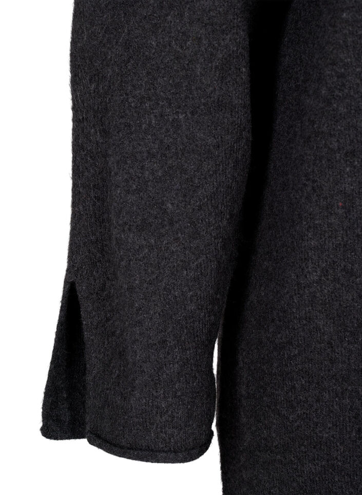 Stickad klänning med rund halsringning och slits, Dark Grey Melange, Packshot image number 3