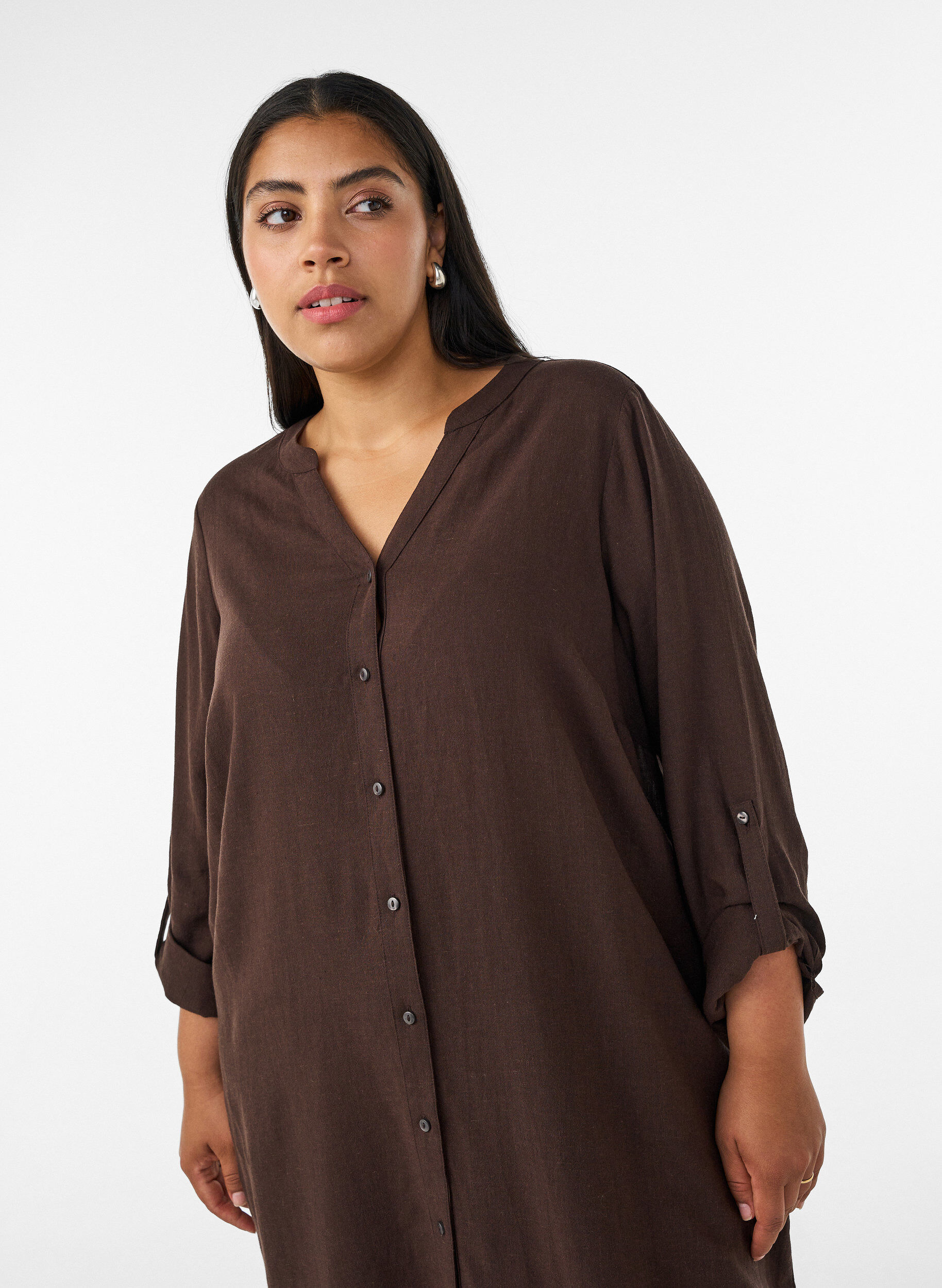 ZizziL&aring;ng skjorta i linne och viskos, Brun, Model image number 2