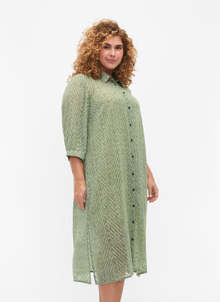 Prickig skjortklänning med 3/4 ärmar och slits, Seagrass Dot, Model image number 2