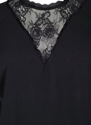 Kortärmad blus med spets , Black, Packshot image number 2