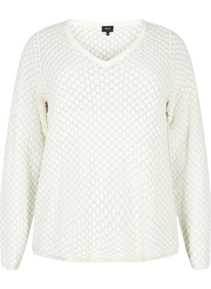 Strukturmönstrad tröja i ekologisk bomull	, Cloud Dancer, Packshot image number 0