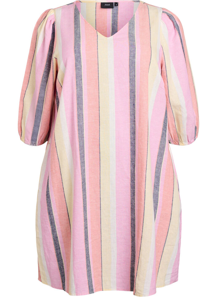 Kort klänning i linne och viskos med 3/4-ärmar, Gul, Packshot image number 0