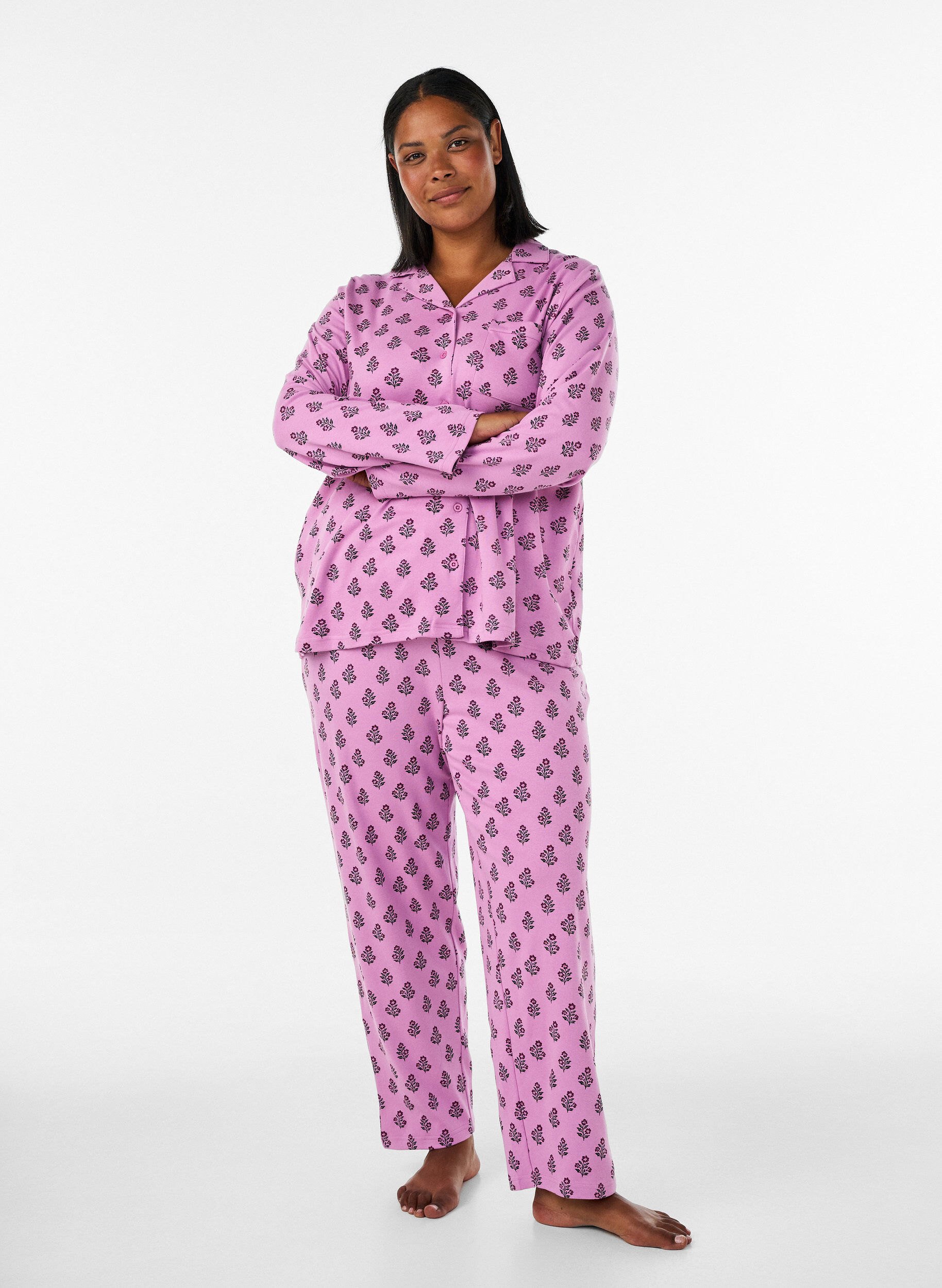 ZizziPyjamasbyxor i bomull med h&ouml;g midja, Rosa, Model image number 0