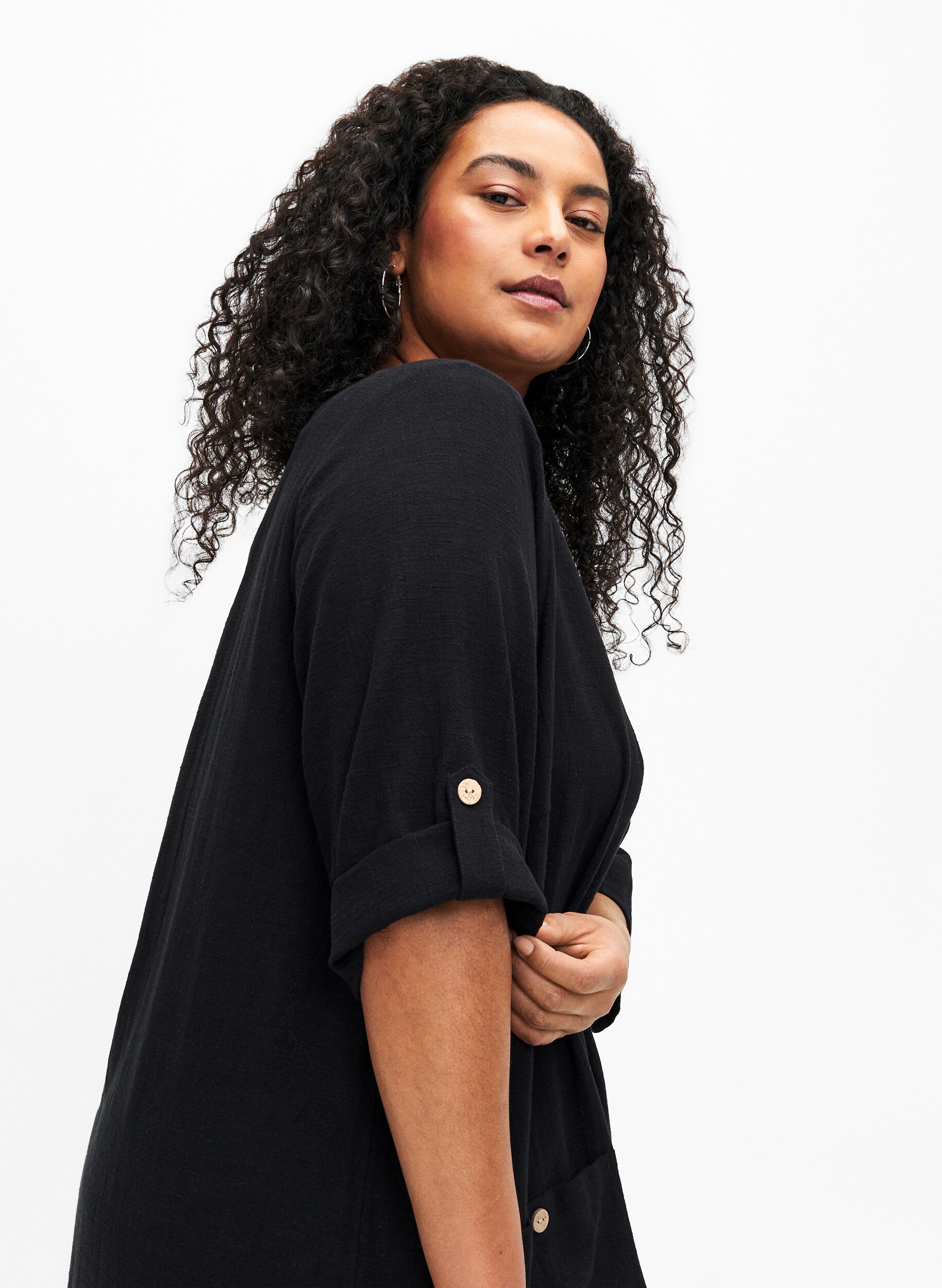 Zizzi 3/4-&auml;rmad tunika i bomullsblandning med linne, Black, Model image number 2