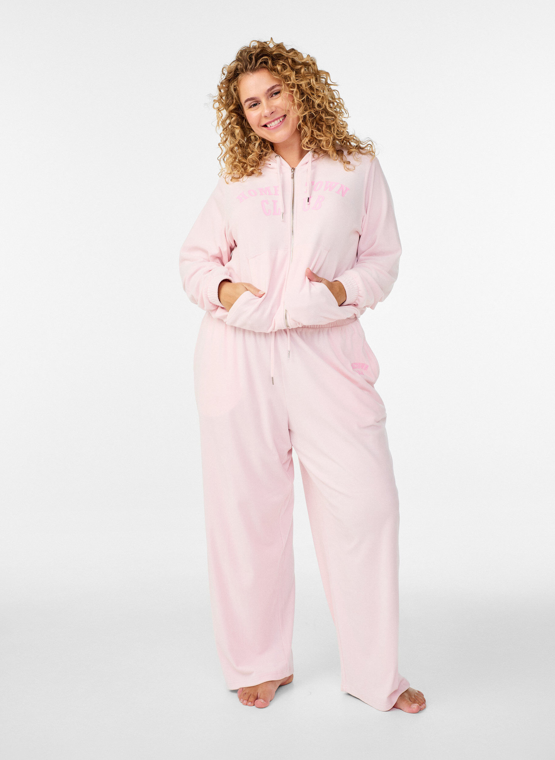 Zizzi L&ouml;sa byxor i velour med h&ouml;g midja och fickor, Rosa, Model image number 0