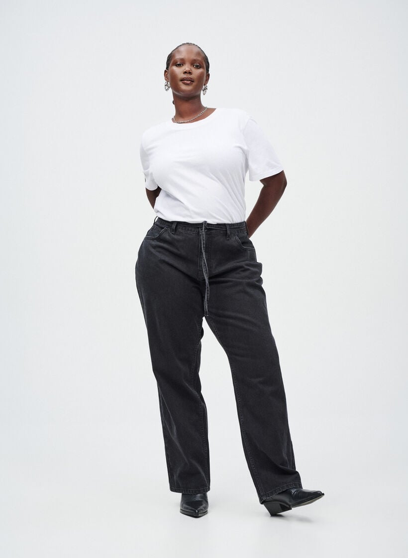 Raka jeans med knytskärp, Svart, Image