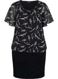 Kortärmad klänning med en blommig överdel, Black AOP