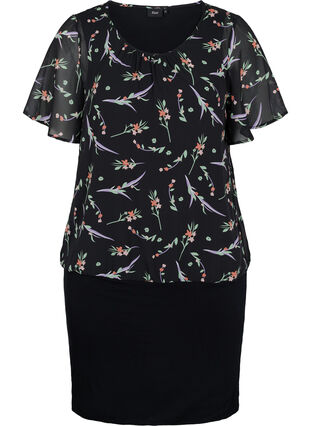 Kortärmad klänning med en blommig överdel, Black AOP, Packshot image number 0