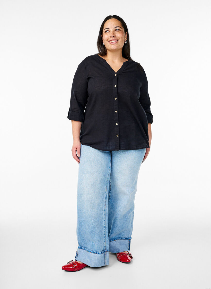 Bomullsblus med v-ringning, Svart, Model image number 1