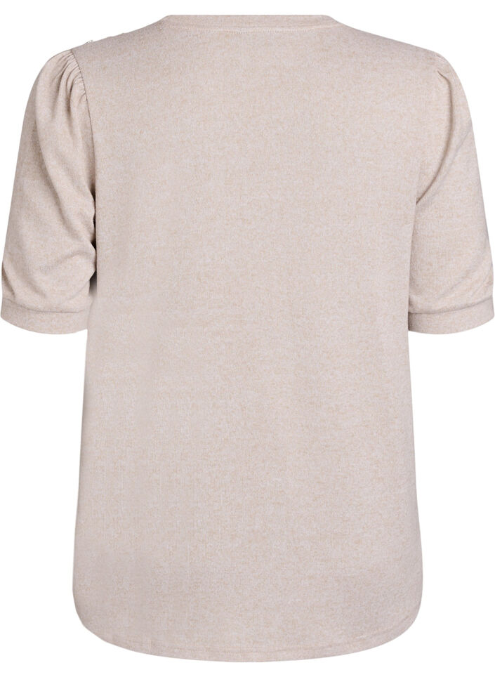 Blus med knappdetalj och korta puff&auml;rmar, Beige, Packshot image number 1
