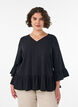 Blus med struktur, v-ringning och volanger, Svart, Model image number 0