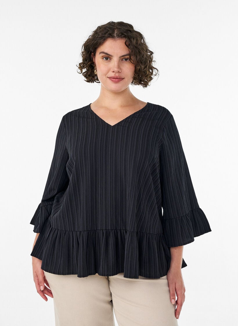 Blus med struktur, v-ringning och volanger, Svart, Model image number 0