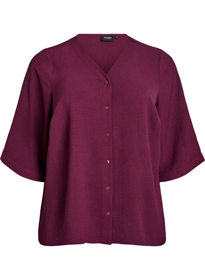 Skjortblus med v-ringning och 3/4-&auml;rm, R&ouml;d, Packshot image number 0