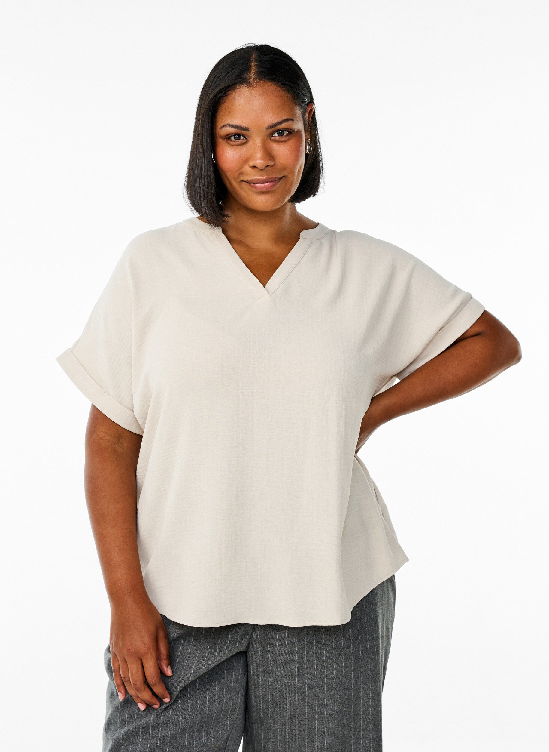 L&ouml;s blus med korta &auml;rmar, Beige, Model