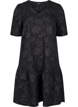 Kortärmad klänning med V-ringad hals och blommig struktur, Black, Packshot image number 0