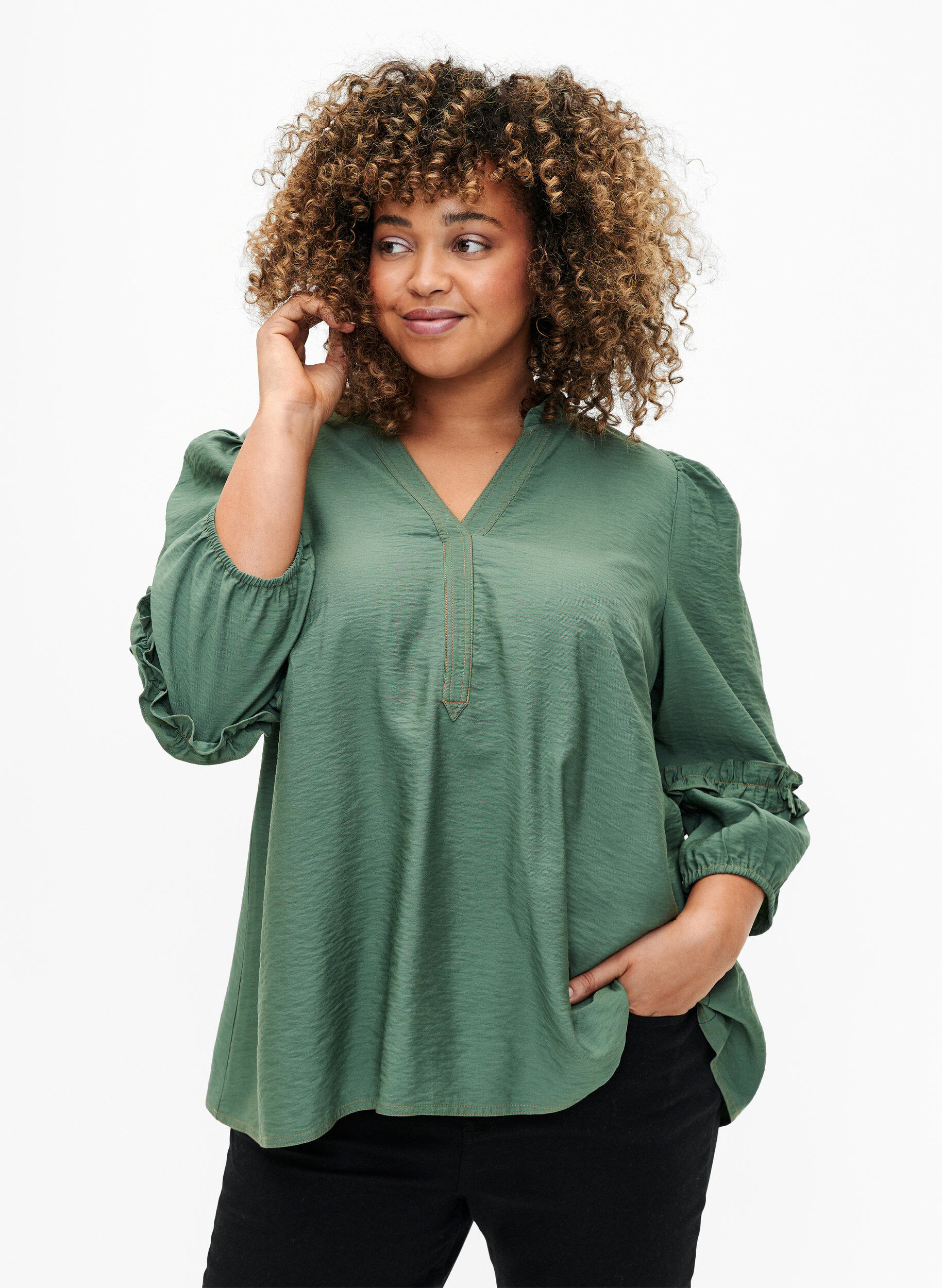 Zizzi Blus med ruffles, Duck Green, Model image number 0