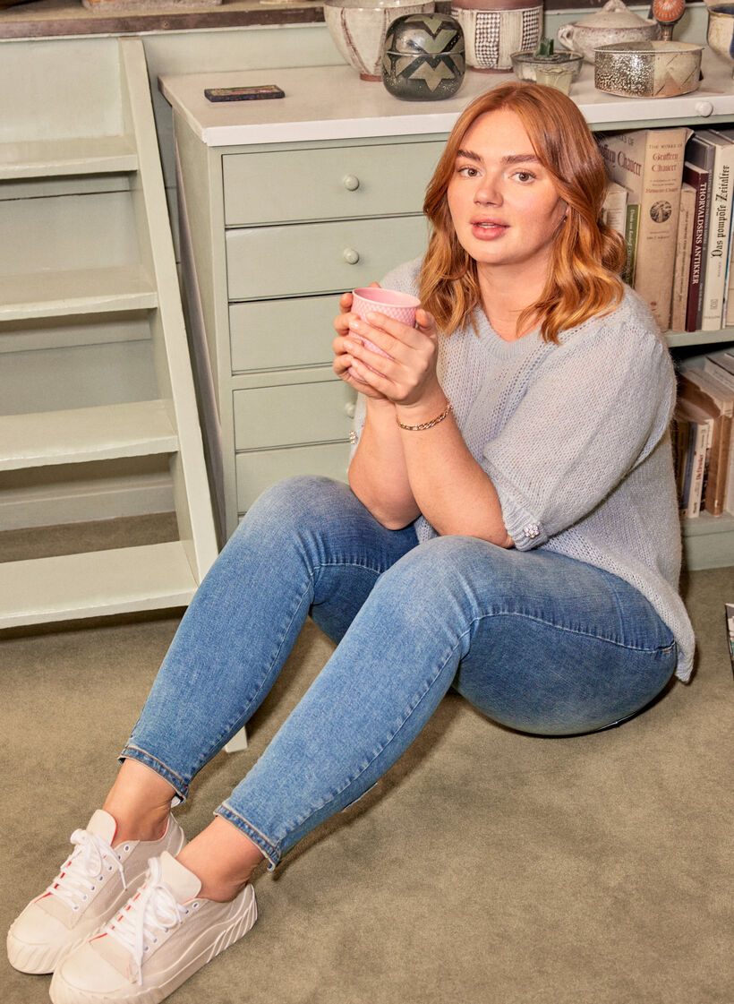 Croppade Amy jeans med hög midja och rosett, Blue denim, Image image number 0