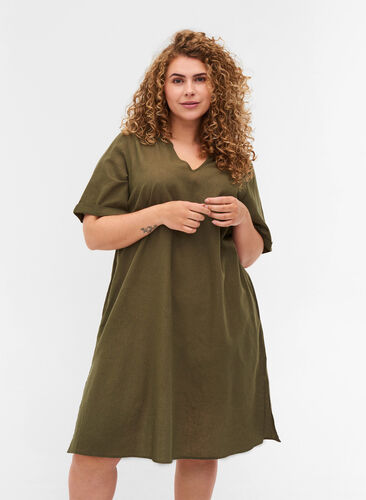 Kortärmad klänning i bomullsmix med linne, Ivy Green, Model image number 0