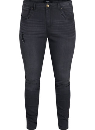Amy jeans med super slim fit och slitna detaljer och knappar, Grey Denim, Packshot image number 0