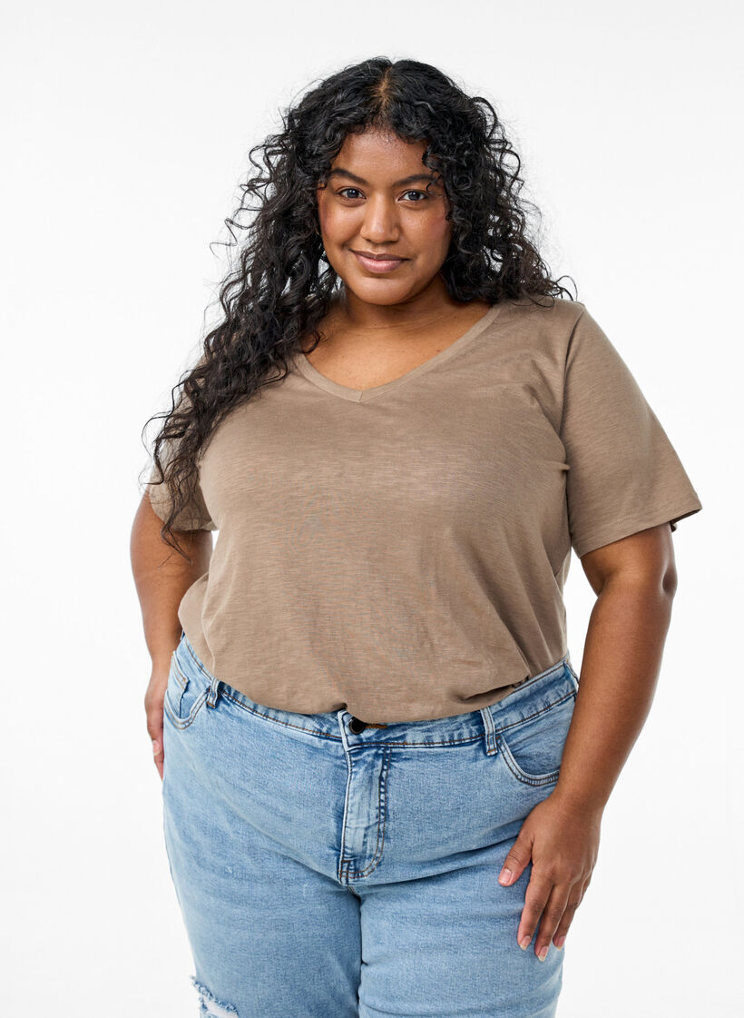 Kort&auml;rmad enkel t-shirt med v-ringning, Brun, Model image number 0