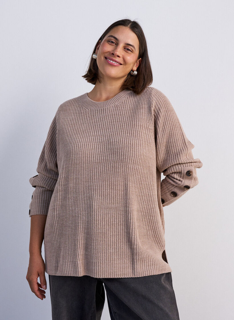 Stickad blus med ribbstruktur och knappdetaljer, Beige, Model image number 0