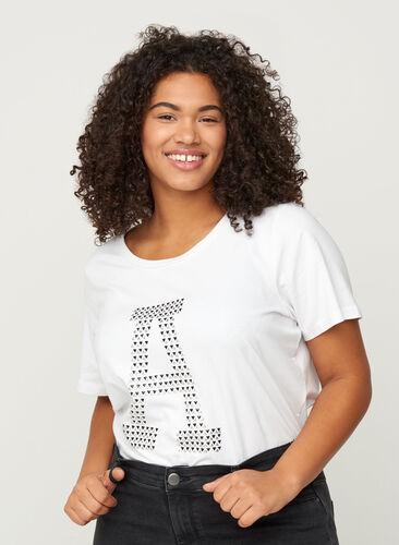 Bomulls t-shirt med nitar, Bright White, Model image number 0