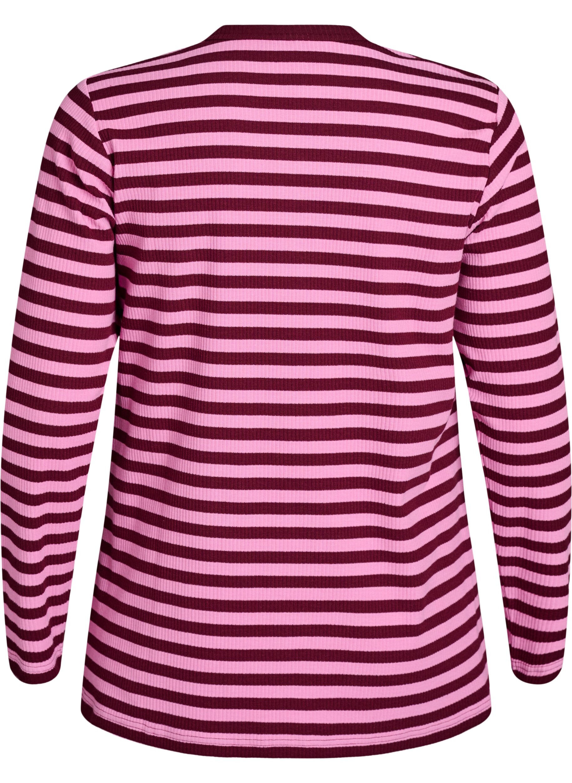 Zizzi Randig jerseyblus med ribbstickad textur, Rosa, Packshot image number 1