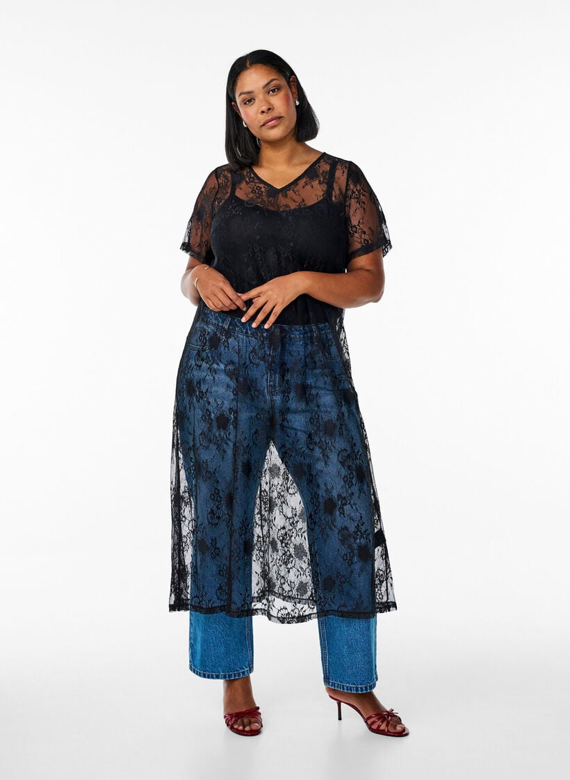 Spetsklänning i midilängd med a-linjeformad siluett, Black, Model image number 0