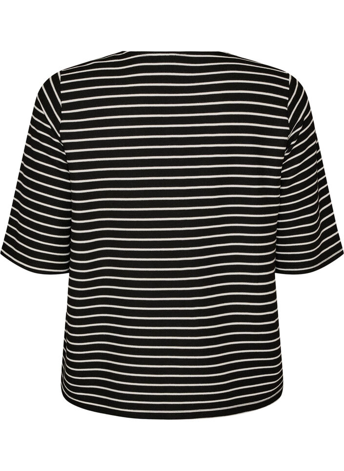 Blus med ribbad struktur och kn&auml;ppning, Svart, Packshot image number 1