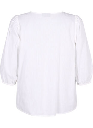 Bomullsblus med 3/4-ärmar i bomullsblandning med linne, Bright White, Packshot image number 1