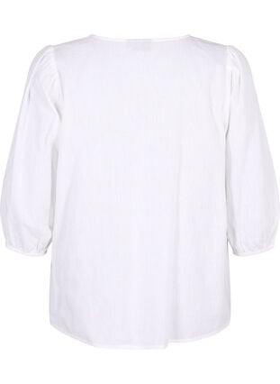 Bomullsblus med 3/4-ärmar i bomullsblandning med linne, Bright White, Packshot image number 1