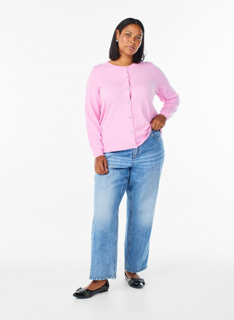 Cardigan med runda knappar, Rosa, Model image number 1