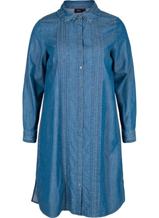 Jeansklänning med rysch och veck, Blue denim, Packshot image number 0