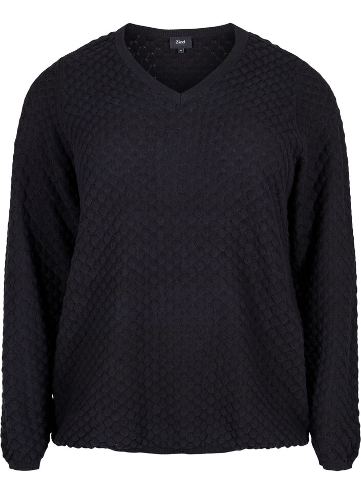 Stickad tröja med mönster och v-ringad hals, Black, Packshot image number 0