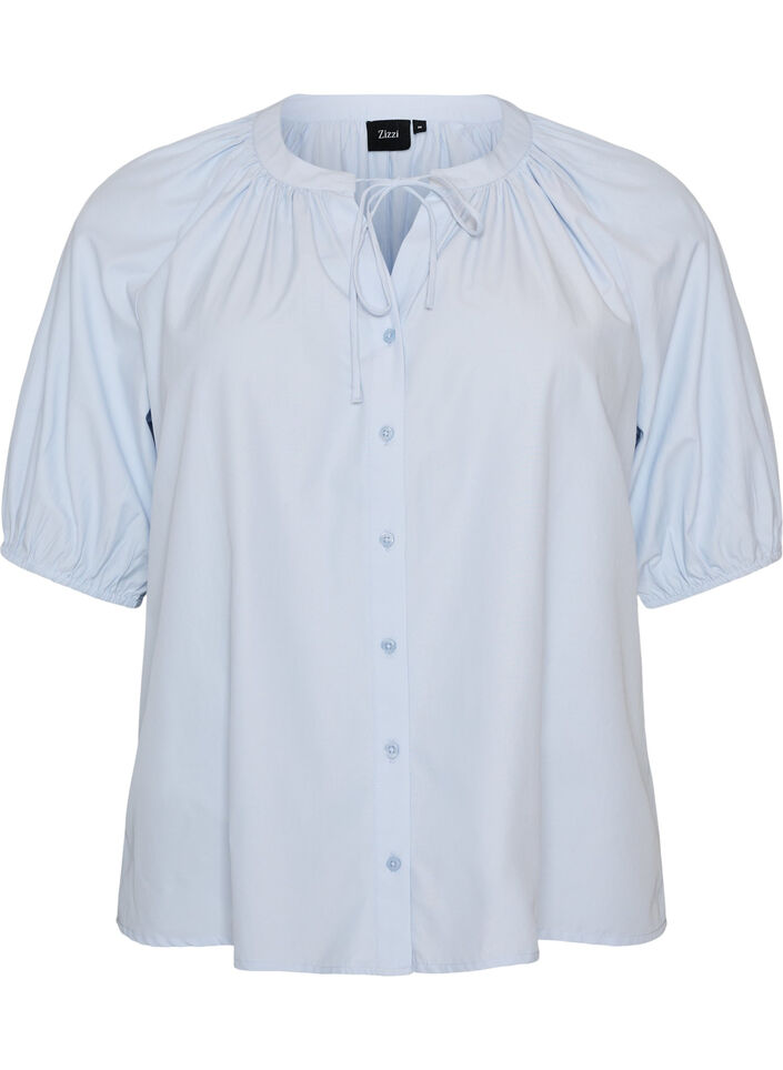 Skjortblus med kn&auml;ppning och knytsk&auml;rp, Bl&aring;, Packshot image number 0