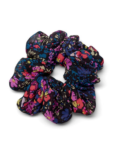 Blommig scrunchie, Black Flower Mix, Packshot image number 0