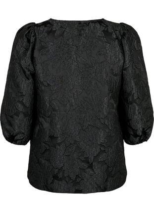 Blus i jacquard med 3/4 ärmar, Black, Packshot image number 1