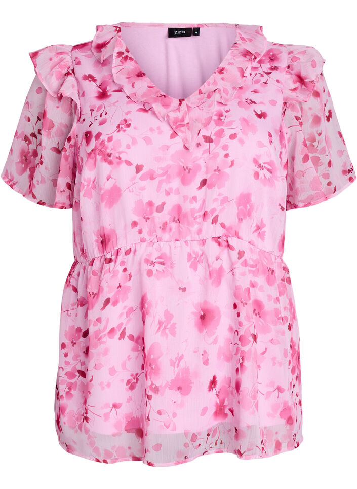 Blommig blus med volangkrage och peplumeffekt, Rosa, Packshot image number 0