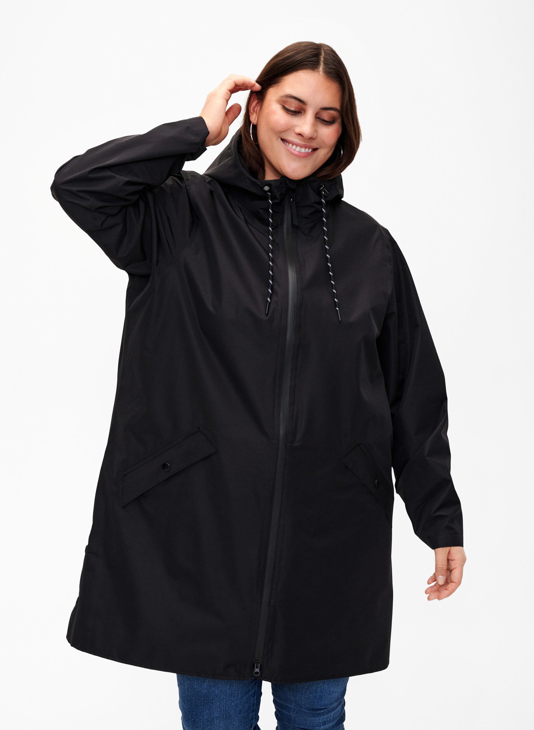 Regnjacka med fickor och huva, Svart, Model