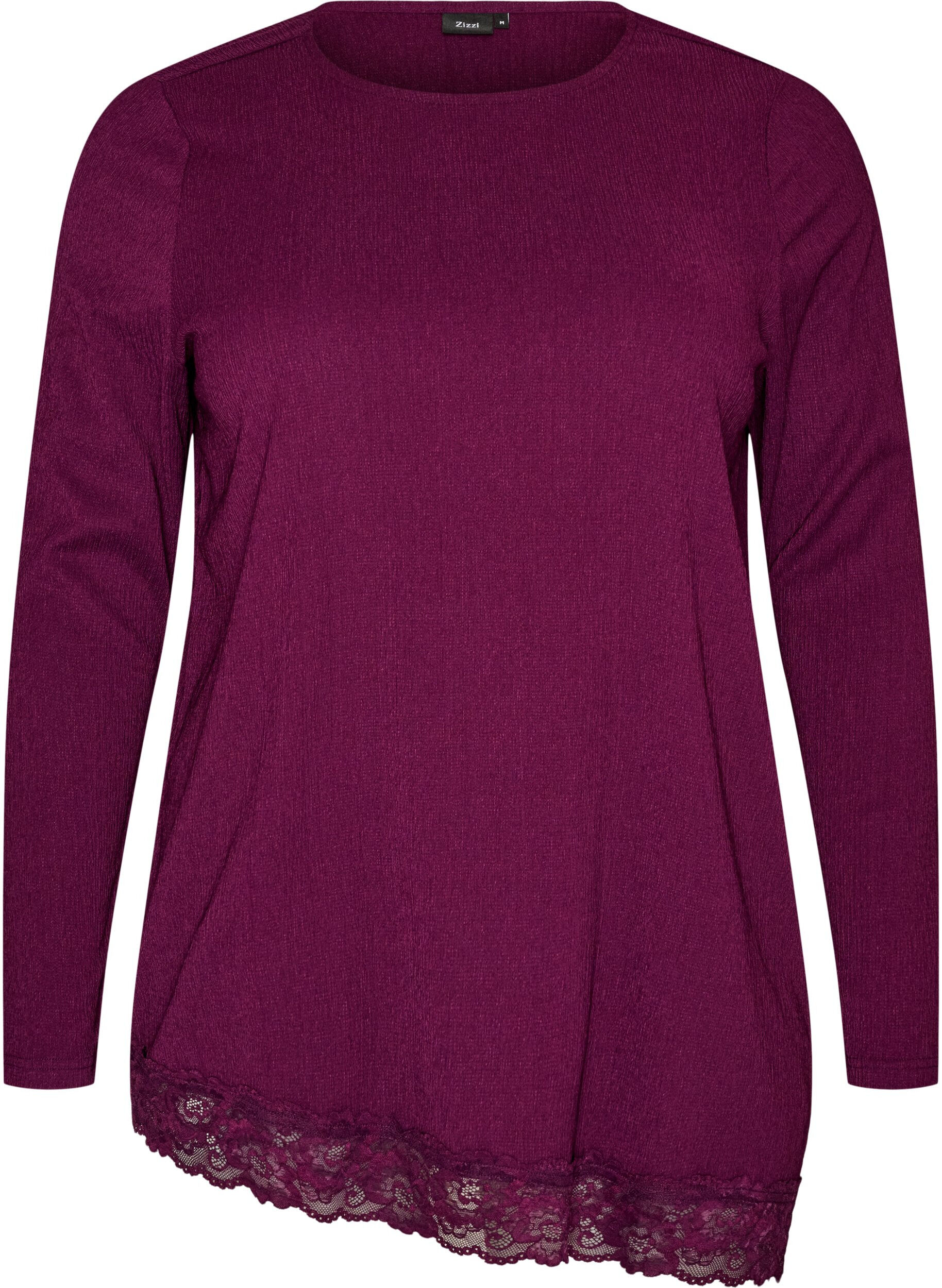 ZizziBlus i jersey med asymmetrisk spetskant, Lila, Packshot image number 0